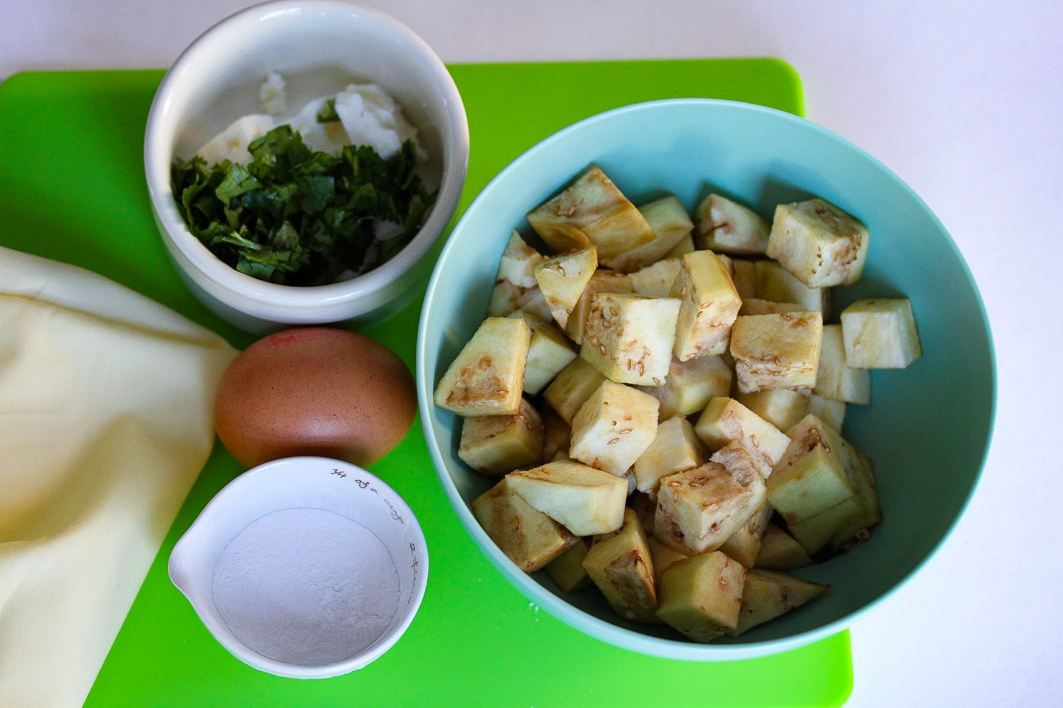 Savoury waffles - healthy kids recipes - aubergine and feta - prepared ingredients