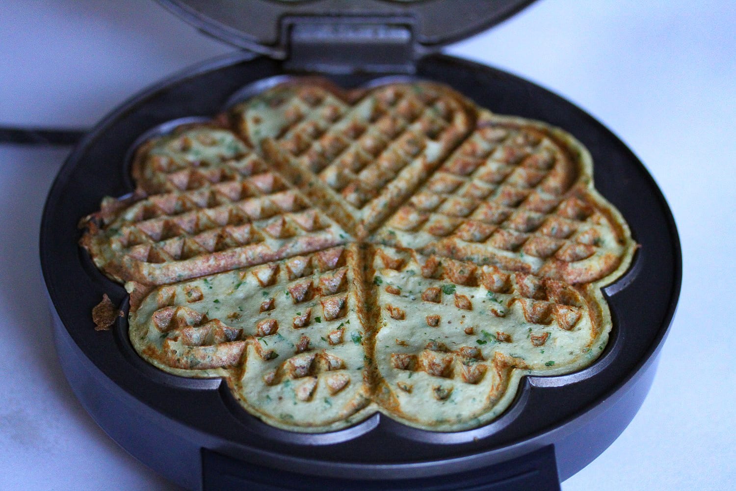 Savoury waffles - healthy kids recipes - aubergine and feta - mixture in waffle iron