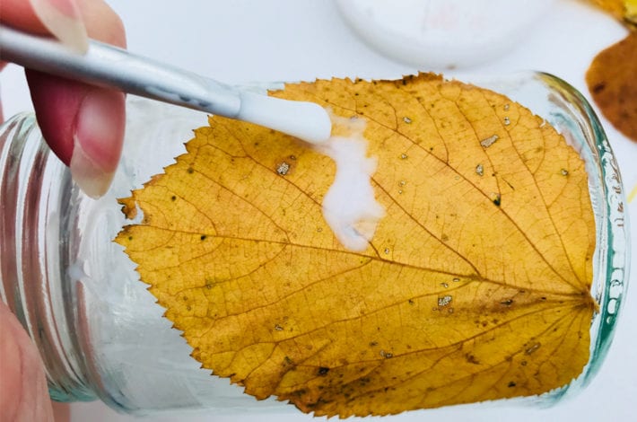 fun kids crafts - awesome autumn leaf lanterns - step 1 add glue