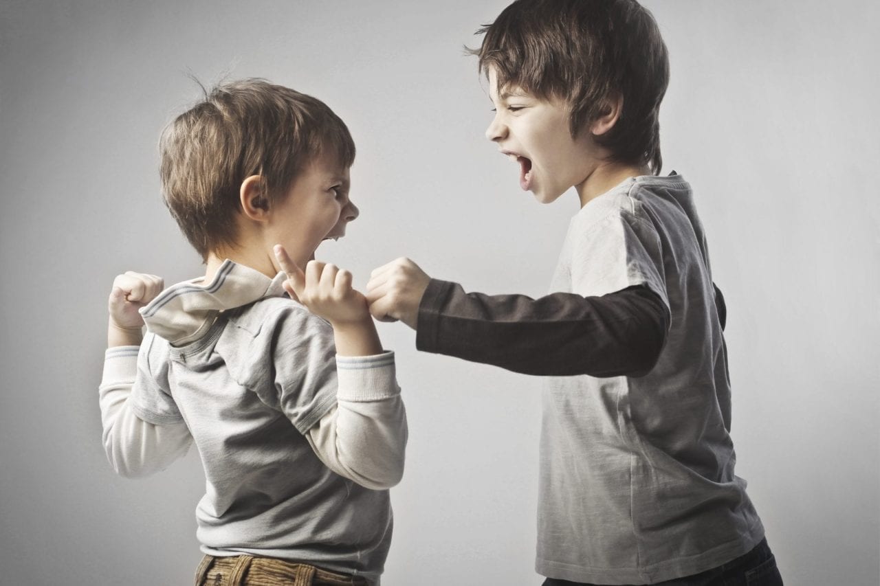 two children fighting showing aggressive behaviour