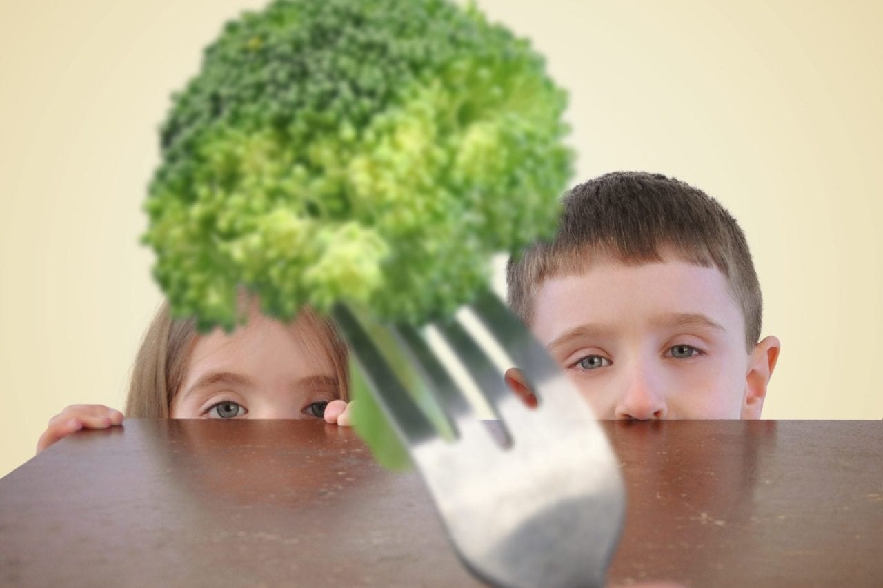 two children looking at a piece of broccoli suspiciously