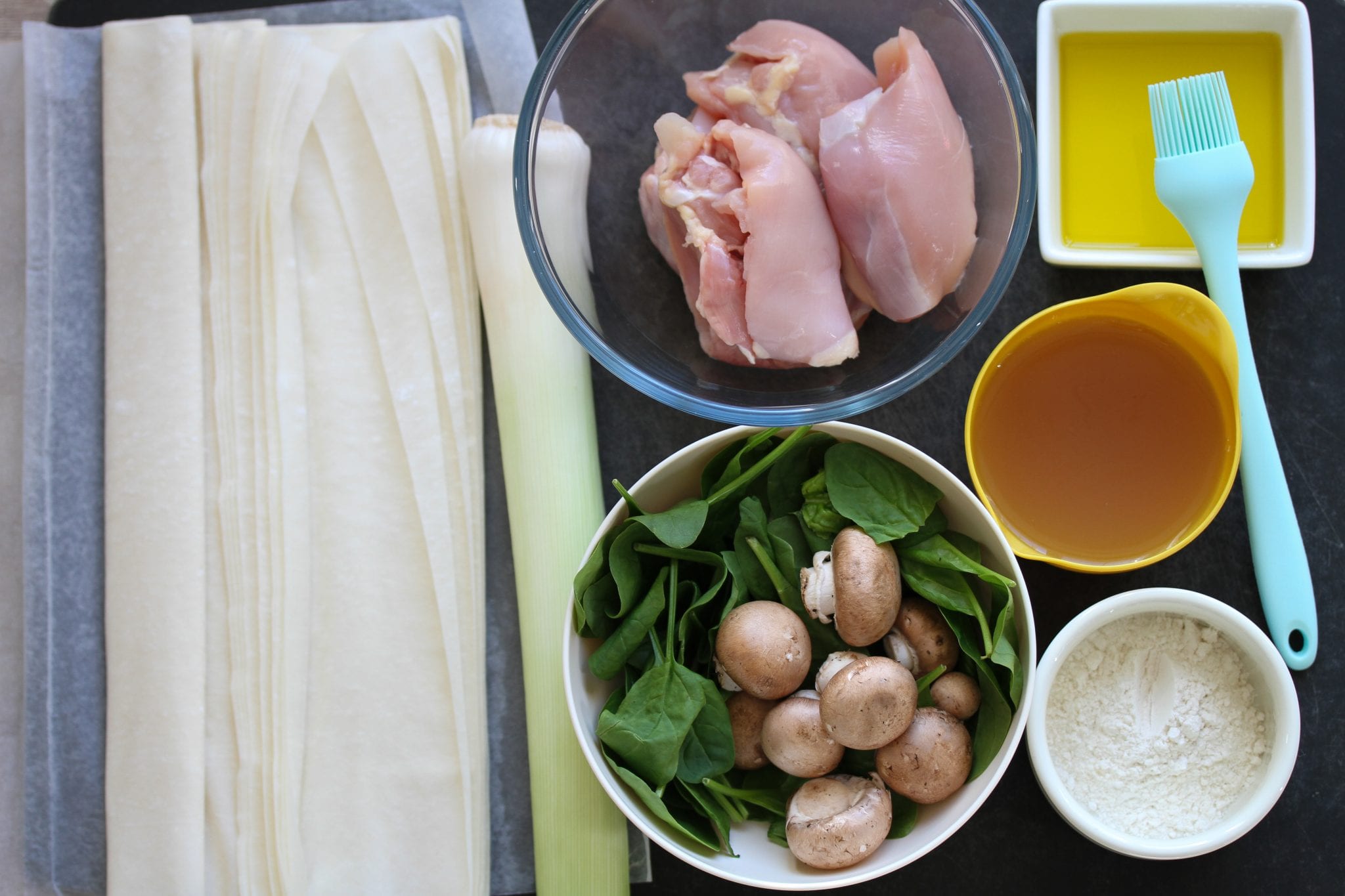Chicken, leek, mushroom and spinach filo parcels MyKitchen