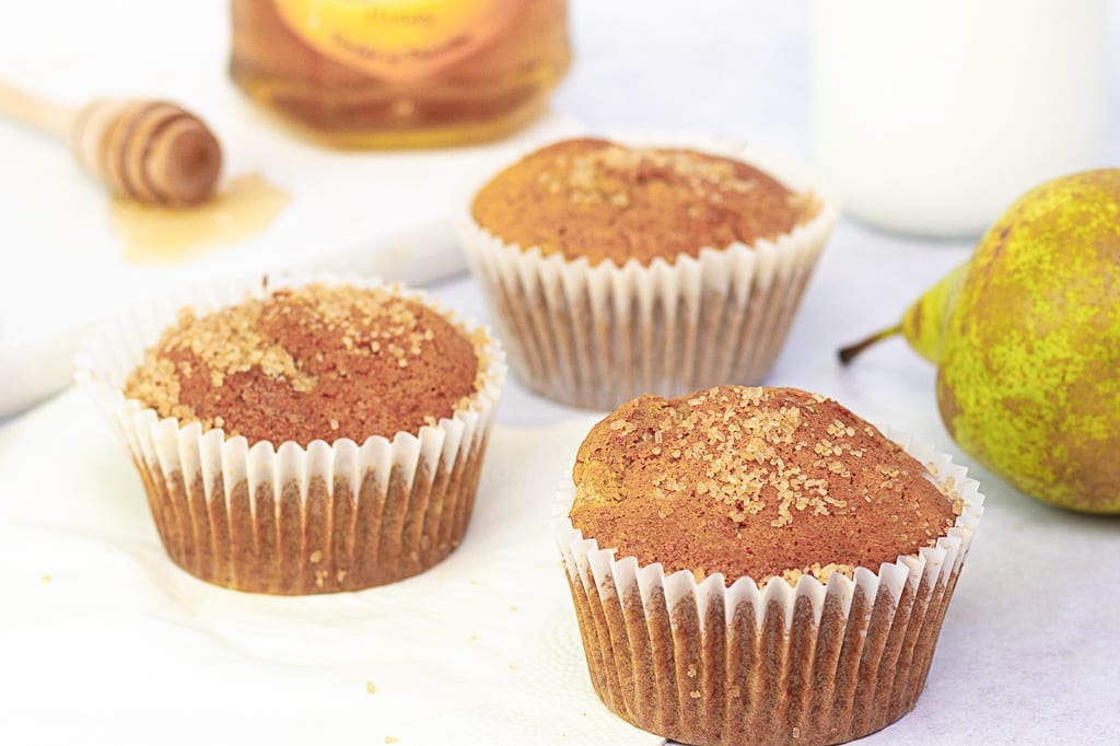 Pear and honey muffins made with wholewheat flour and mild spices for a delicious autumn treat
