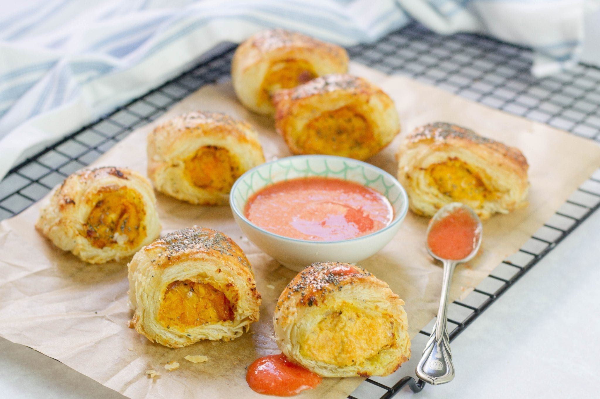 Vegetarian sausage rolls, with squash and goat’s cheese