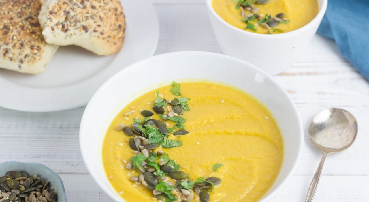 Carrot and lentil soup, cooked with sweet potatoes and apples to make this tasty family dinner dish