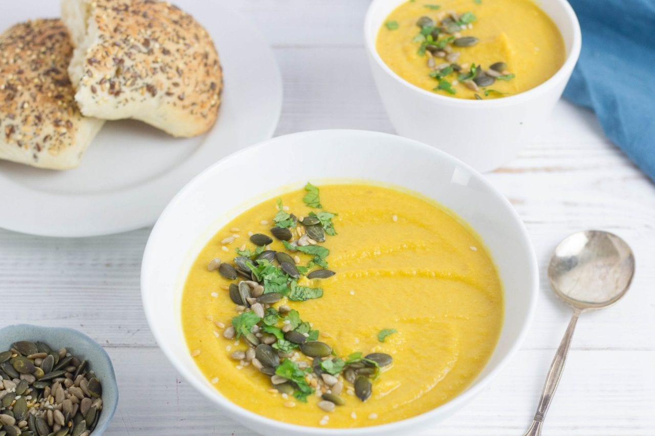 Carrot and lentil soup, cooked with sweet potatoes and apples to make this tasty family dinner dish