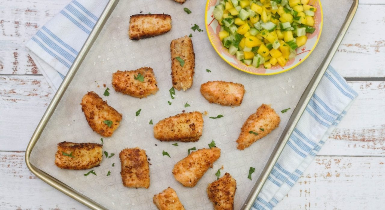 Coconut salmon goujons with a herb and mango salsa