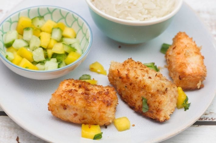 Coconut salmon goujons with a herb and mango salsa