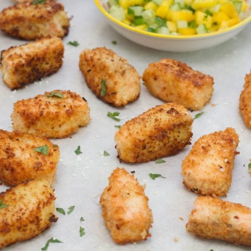 Coconut salmon goujons with mango salsa