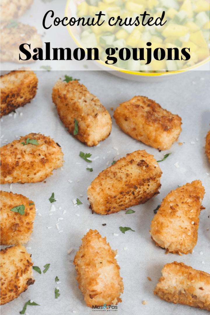 Coconut salmon goujons with a herb and mango salsa 