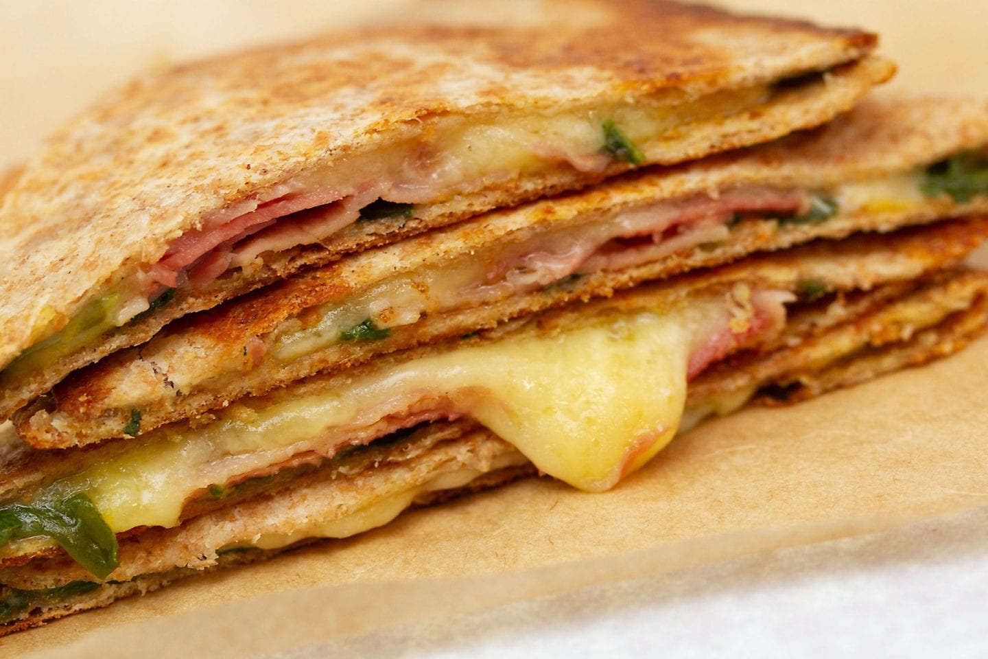 Ham and cheese quesadillas with spinach