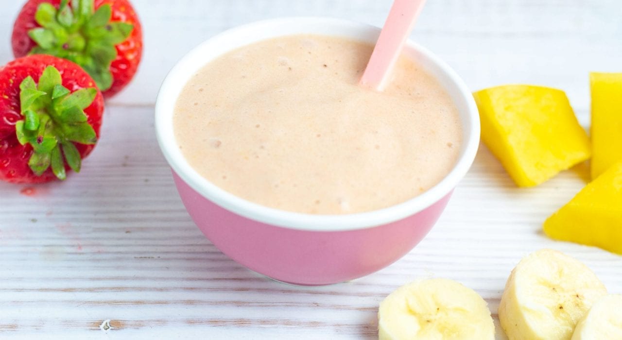 no cook baby puree made with ripe mango banana and strawberries for a delicious fruity breakfast