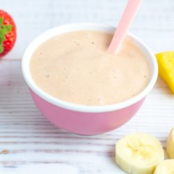 no cook baby puree made with ripe mango banana and strawberries for a delicious fruity breakfast