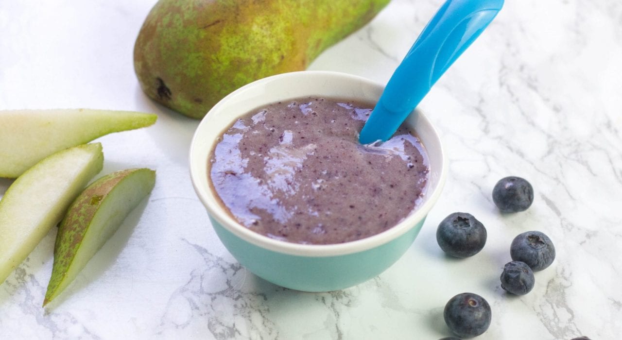 no cook baby puree with blueberries, bananas and soft ripe pears