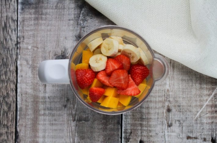 no cook baby puree made with ripe mango banana and strawberries for a fruity breakfast