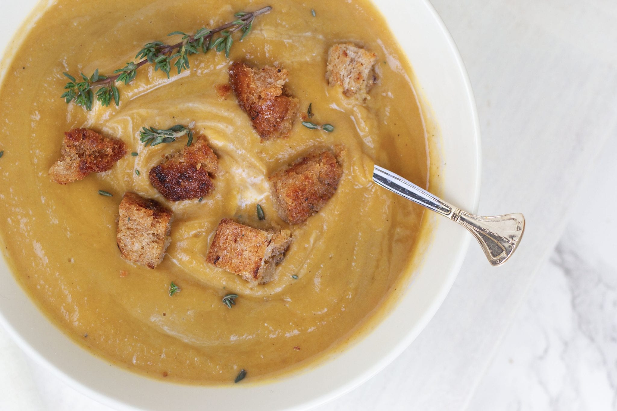 Creamy chestnut soup with thyme croutons