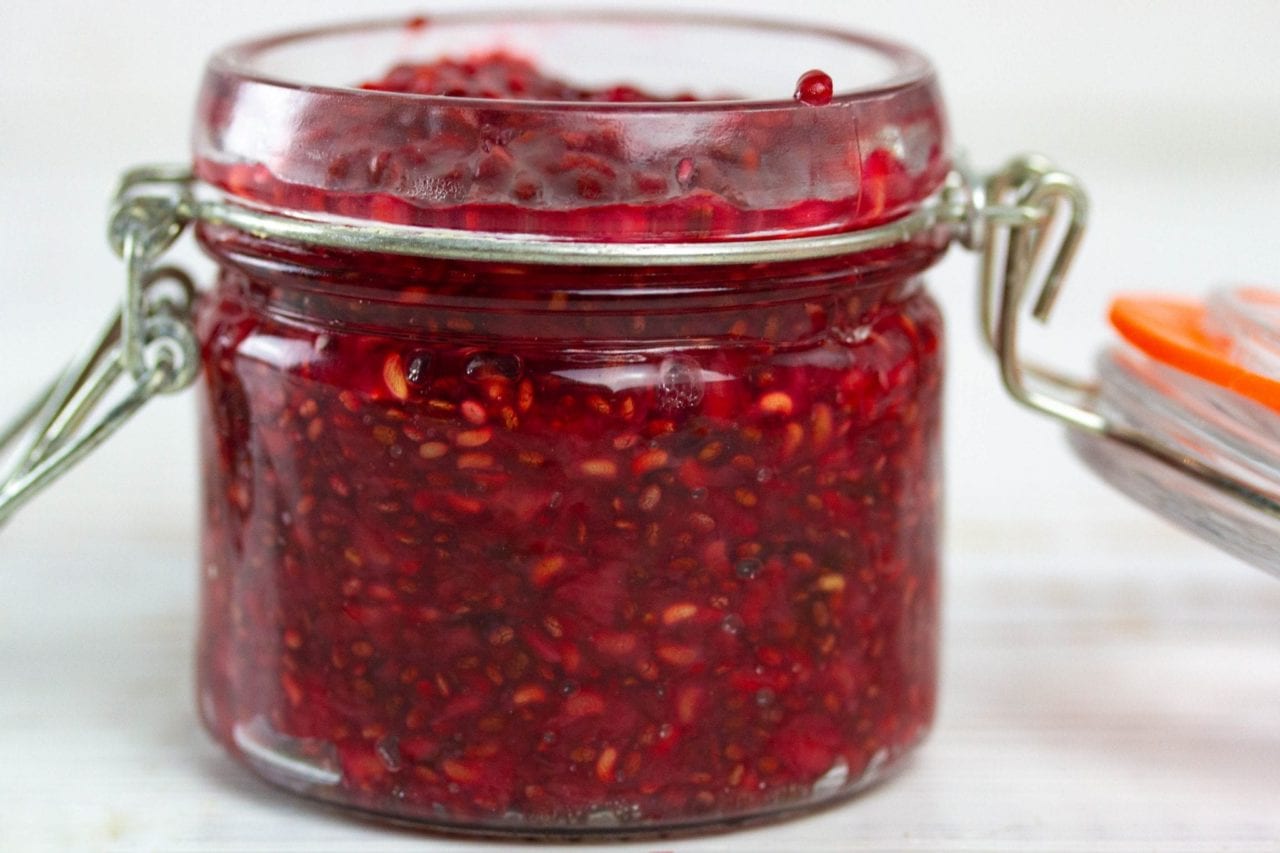 Sugar free jam recipe - make this delicious raspberry and chia seed jam as part of our roly poly cake filling or just to enjoy on its own