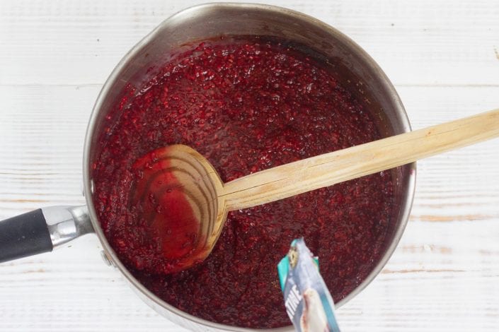 Sugar free jam recipe - make this delicious raspberry and chia seed jam as part of our roly poly cake filling or just to enjoy on its own