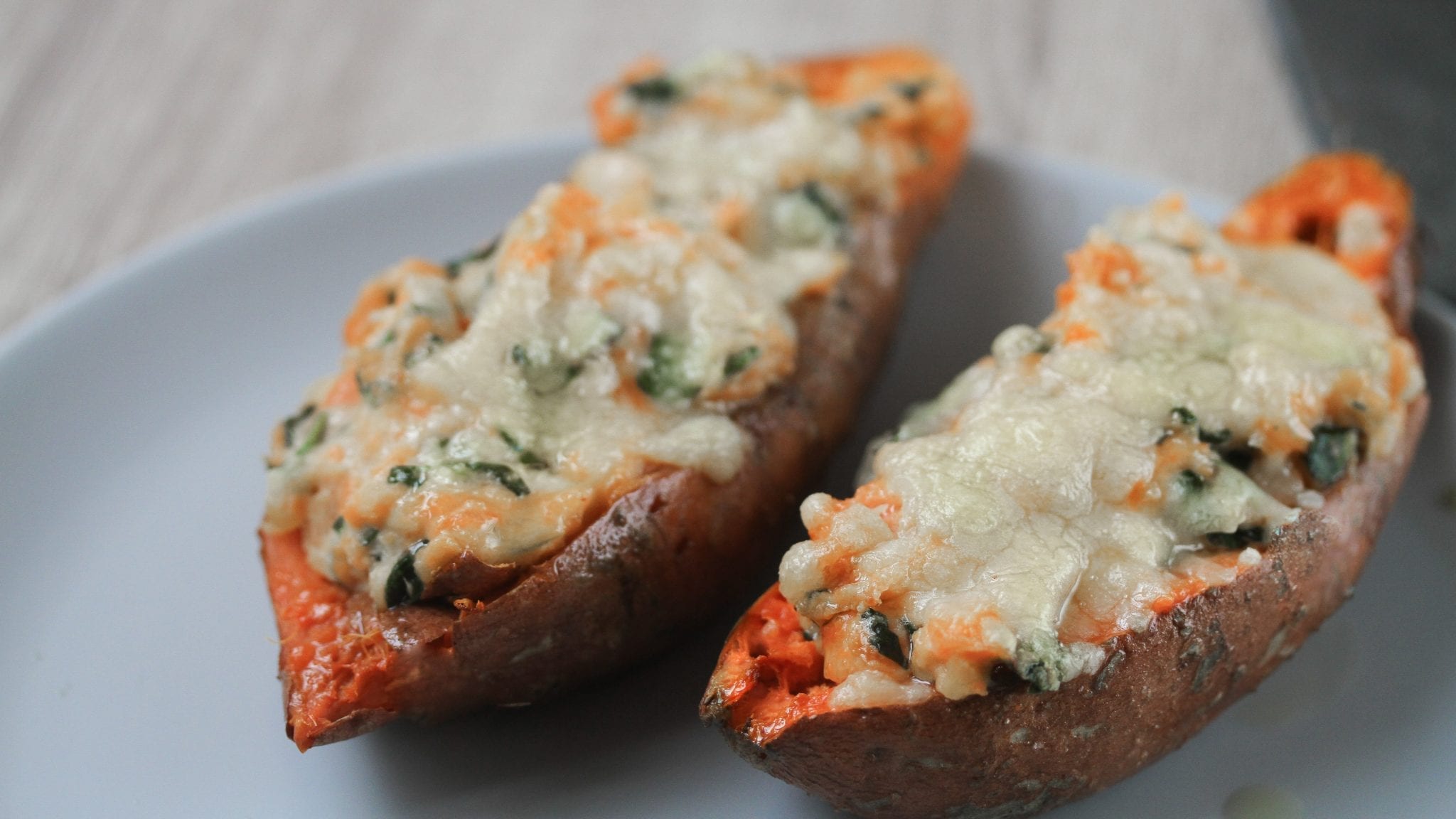 Sweet potato skins with spinach and lentils