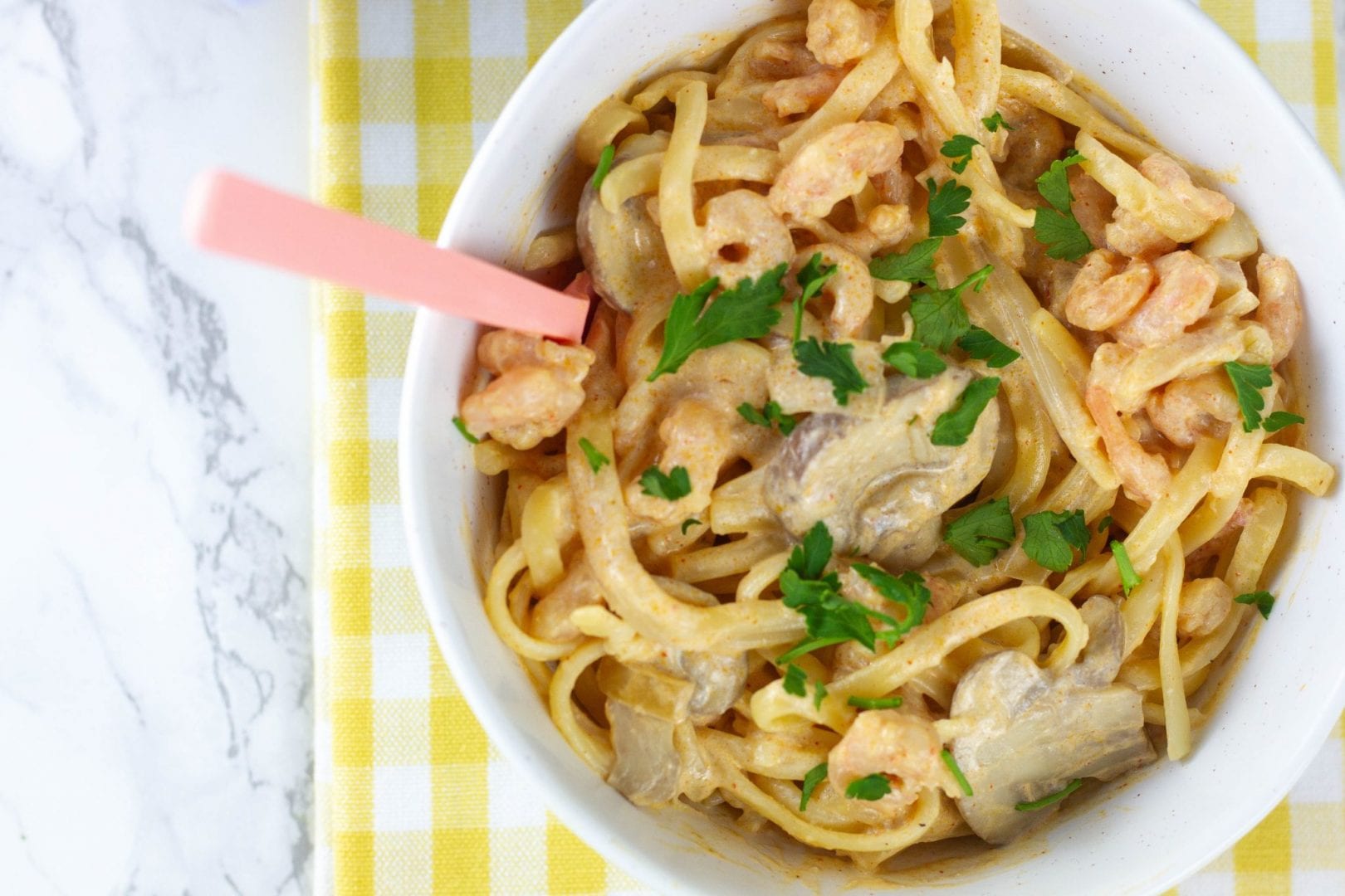 Creamy prawn linguine - enjoy this lighter prawn carbonara recipe for your next family dinner