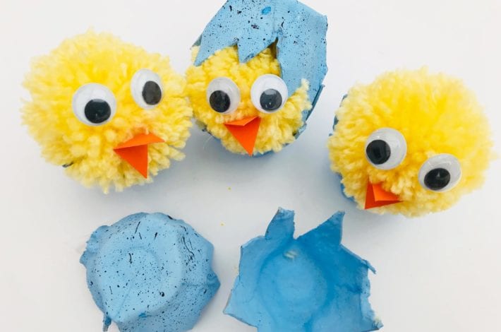 Egg carton craft - enjoy making these cute hatching pom pom chicks as an Easter craft with the kids