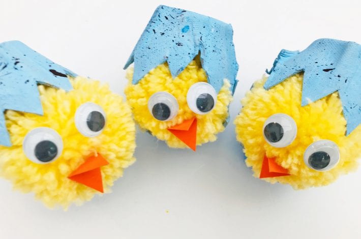 Egg carton craft - enjoy making these cute hatching pom pom chicks as an Easter craft with the kids