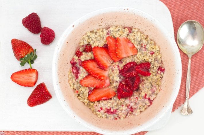 Healthy bircher muesli - try this deliciously healthy bircher muesli made with raspberry strawberries and chia seeds for a healthy breakfast for kids