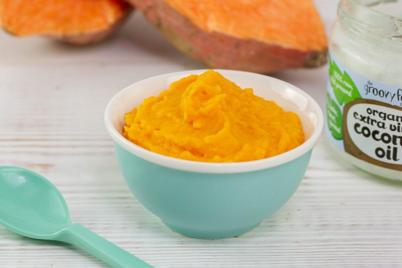 Sweet potato puree - enjoy this sweet potato puree with coconut oil as one of baby's first foods