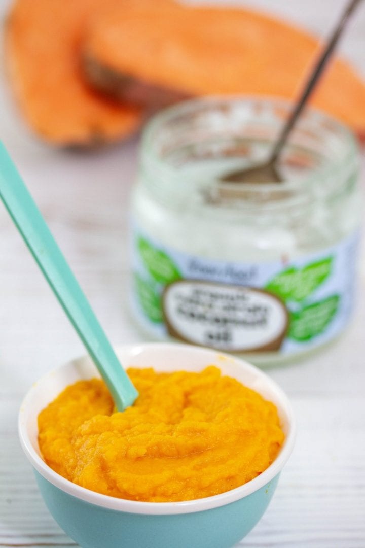 Sweet potato puree - enjoy this sweet potato puree with coconut oil as one of baby's first foods