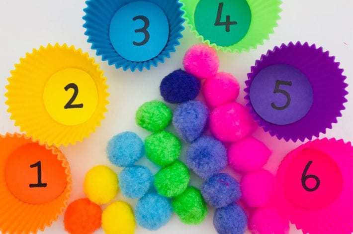 Pom pom learning games - teach your little one to count out numbers and to match colours with this fun toddler learning activity