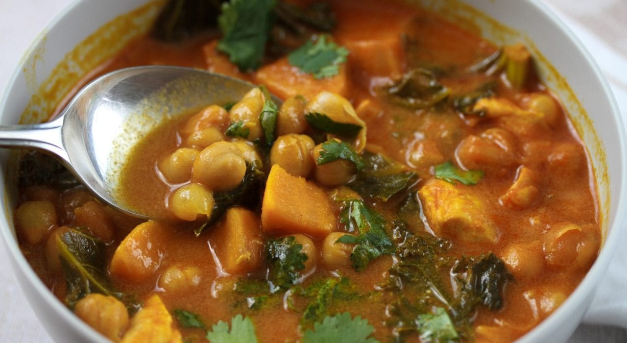 West African stew with chicken sweet potato and chick peas - quick and easy African chicken soup to make for family dinners
