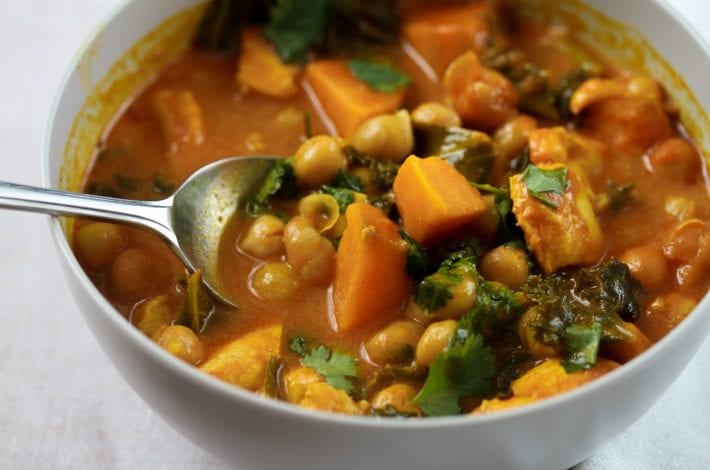West African stew with chicken sweet potato and chick peas - quick and easy African chicken soup to make for family dinners