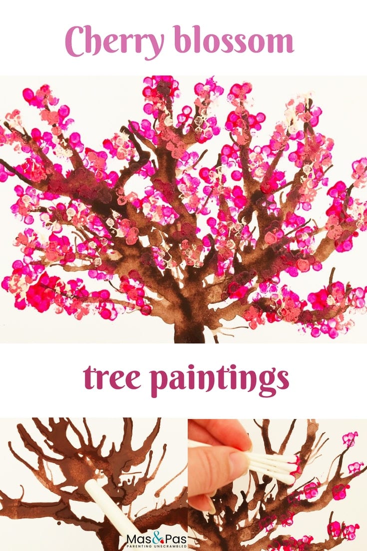 Blow paint and cotton bud printed cherry blossom tree paintings - spring craft for kids
