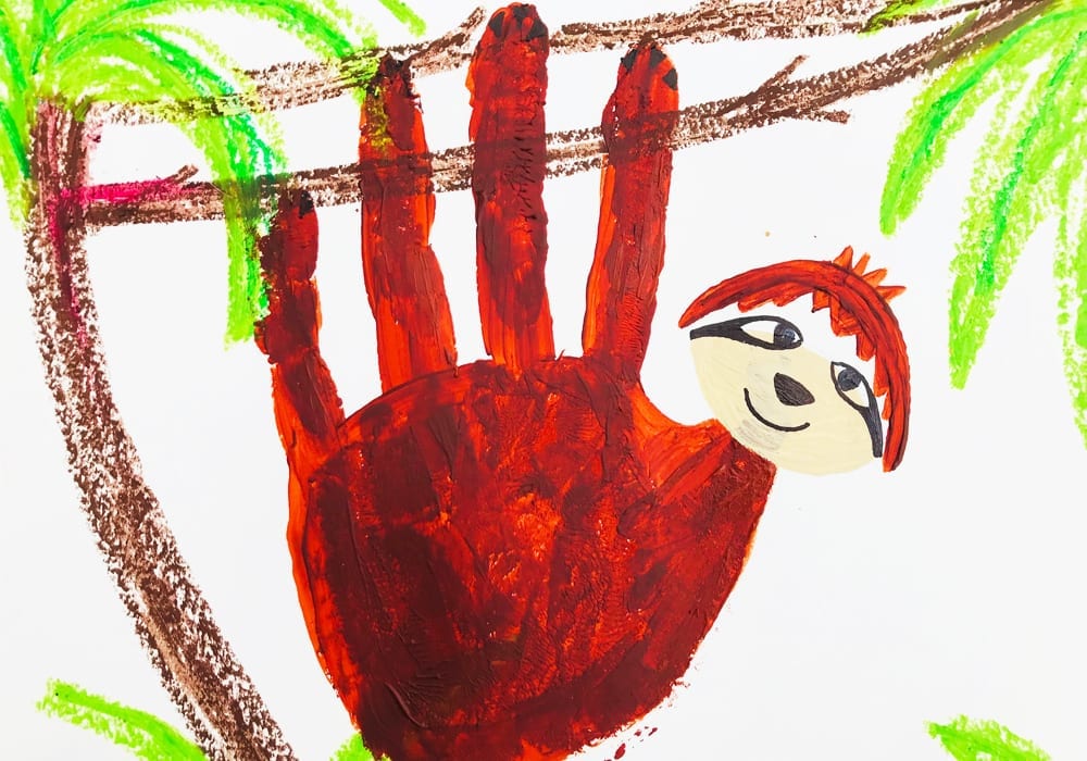 Hand print sloth craft - enjoy making this fun sloth painting with the kids using just handprints and a few added details
