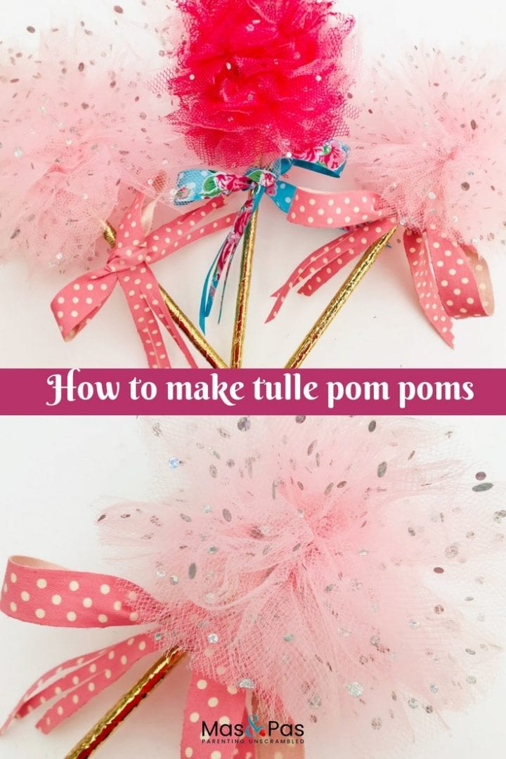 DIY princess party decorations - learn how to make tulle pom pom wands. Arrange tulle pom pom sticks in jars or as table decorations at kids parties.