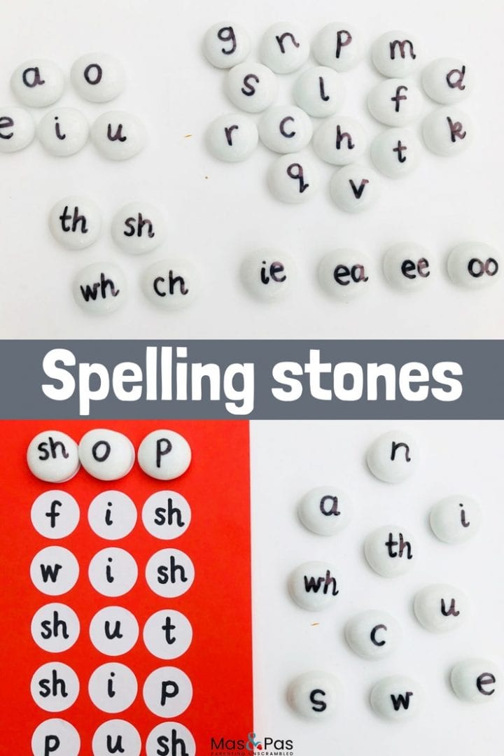 Alphabet stones - learn how to spell first words with this alphabet pebble spelling game. Ideal for early years learning and using letter phonics to sound out first words.