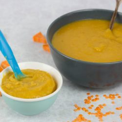 Sweet potato and lentil puree and soup - make this weaning recipe for baby as well as a soup for family dinner