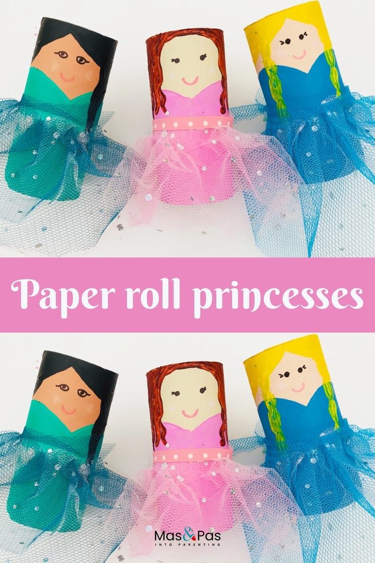 Paper roll princesses with tulle netting skirts - craft for kids