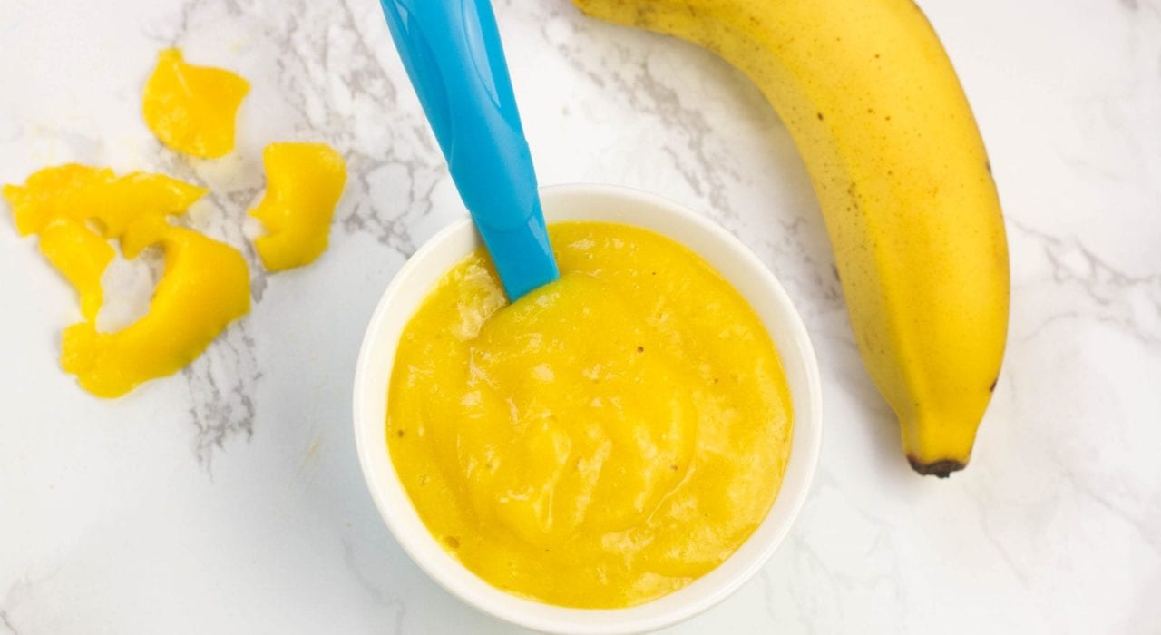 Mango and banana puree - great first foods for baby blended into a puree