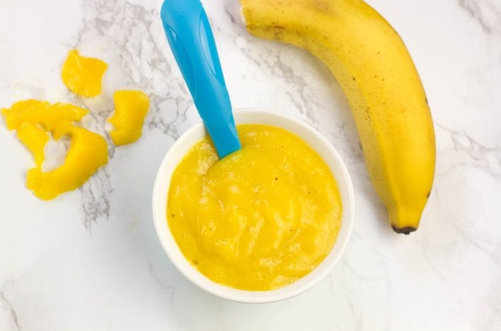 Mango and banana puree - great first foods for baby blended into a puree