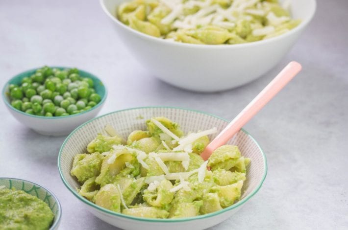 Pasta and pea pesto - a great baby pasta recipe that everyone can enjoy for family dinners - a tasty weaning recipe and kids meal