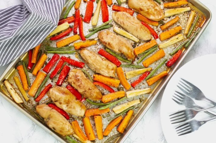 Honey balsamic sheet pan chicken - a great family dinner recipe with mini chicken fillets in balsamic glaze