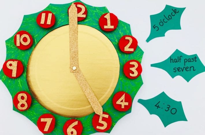 Make your own Christmas wreath clock to help your child to learn about telling the time. Teach telling time and have fun making a beautiful craft too. It makes for a fun telling the time activity this Christmas