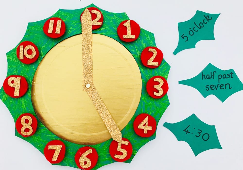 Make your own Christmas wreath clock to help your child to learn about telling the time. Teach telling time and have fun making a beautiful craft too. It makes for a fun telling the time activity this Christmas