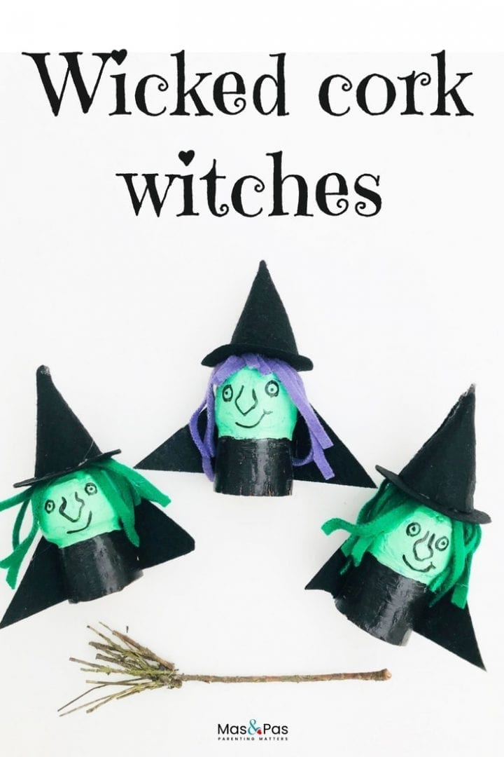 Make these wicked cork witches this Halloween. A great witch Halloween craft for the kids using champagne corks paint and felt.