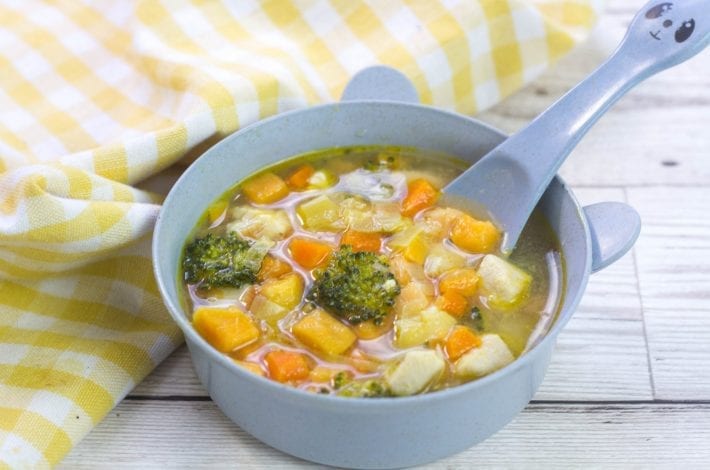 Hearty chicken soup for babies. Make this simple and nutritious soup recipe for baby when weaning and the whole family can enjoy it too