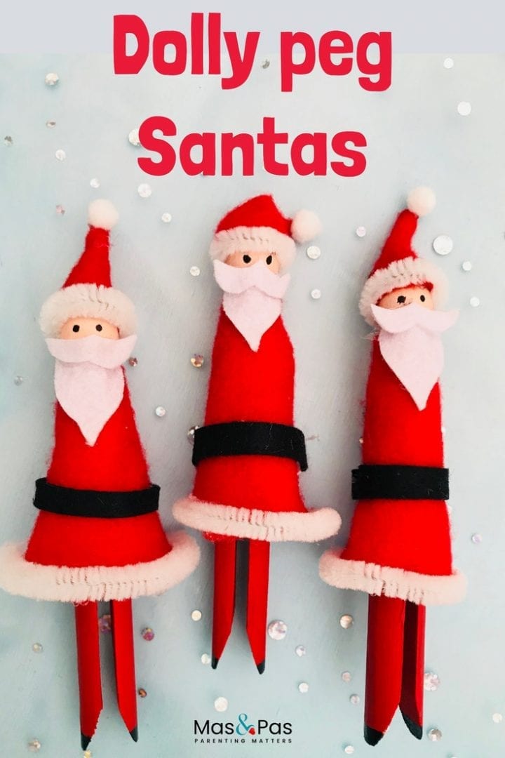 Make these Santa peg dolls as a fun Christmas craft to enjoy with the kids this year. Made with dolly pegs, felt, paint and glue.