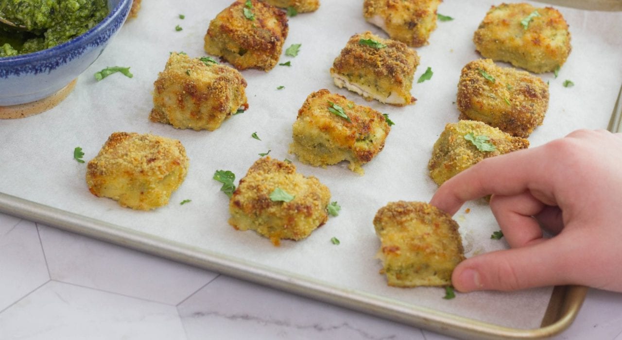 Tastiest chicken pesto bites - crunchy cheesy and easy kids dinners