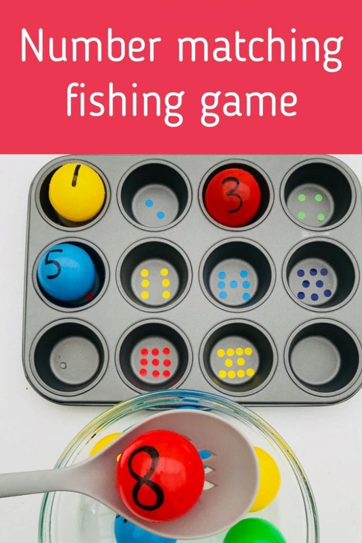 Make a fun number recognition game with these colourful balls. Fish out each number and match it to the right number of dots in the muffin tray.