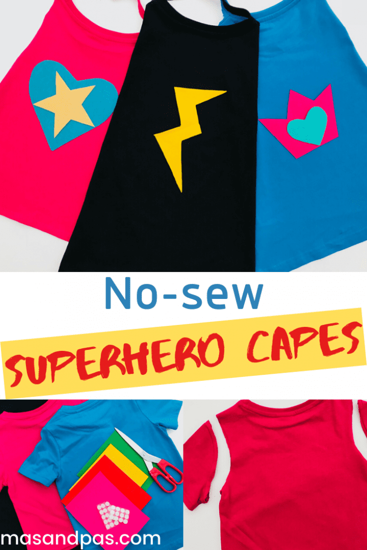 These no-sew superhero capes are genius. Make them as a fun kids craft at home for dressing up or school costumes. A great superhero t-shirt cape to